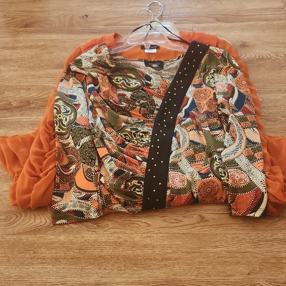 Colorful Patterned Blouse with Orange Cardigan